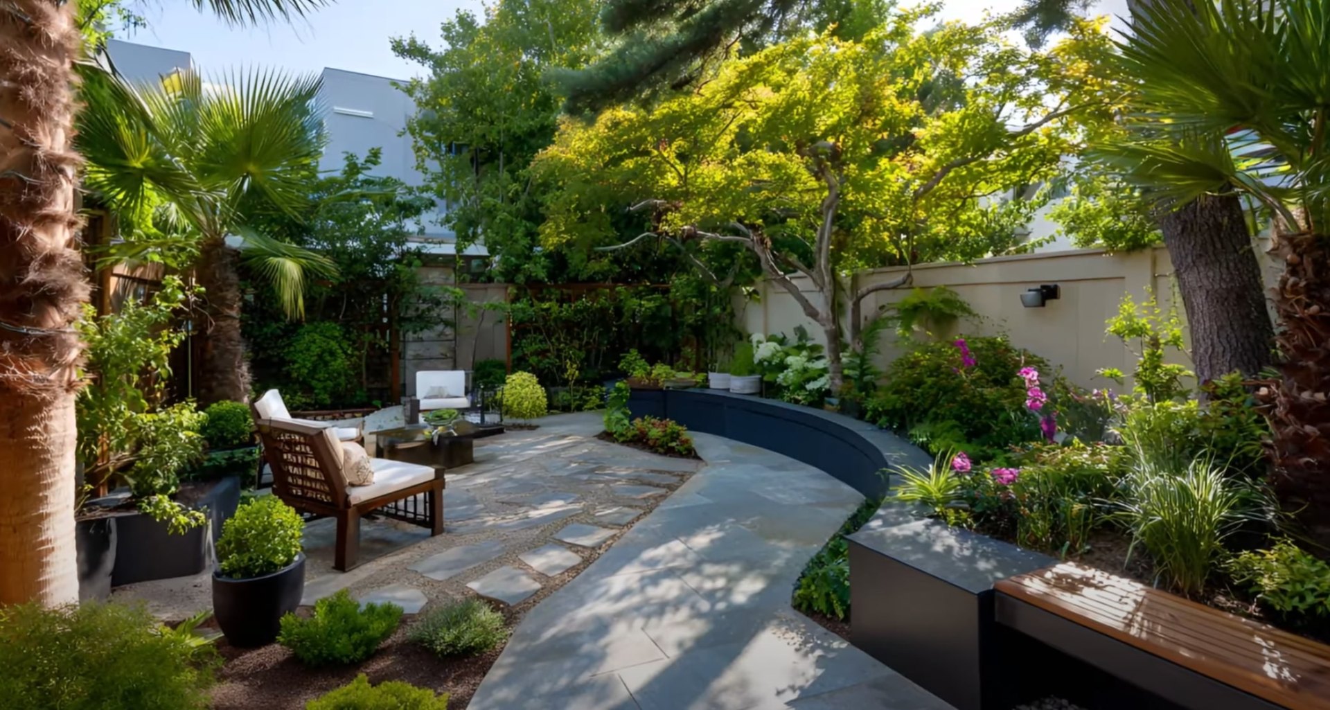 Modern backyard design with pool area and tropical landscaping elements